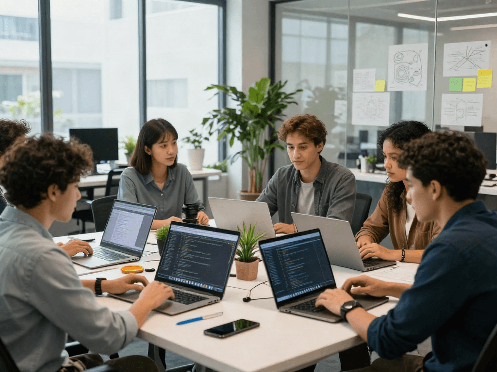 Collaborative tech workspace with young professionals discussing 18+ ai innovations.