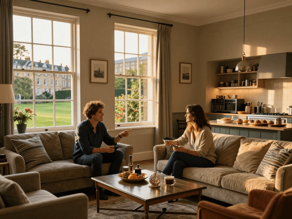 Inviting living space showcasing airbnb management bath with warm decor and hospitality.