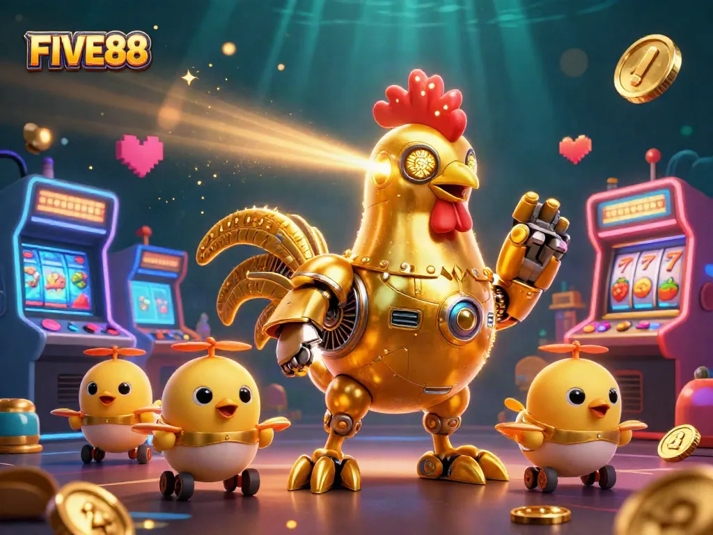 Engage in thrilling action with FIVE88 as the golden rooster robot leads the way in a vibrant casino world.