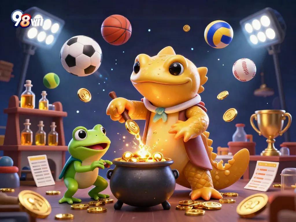 Experience the excitement of 98win with thrilling gaming elements featuring gold coins and sports action.