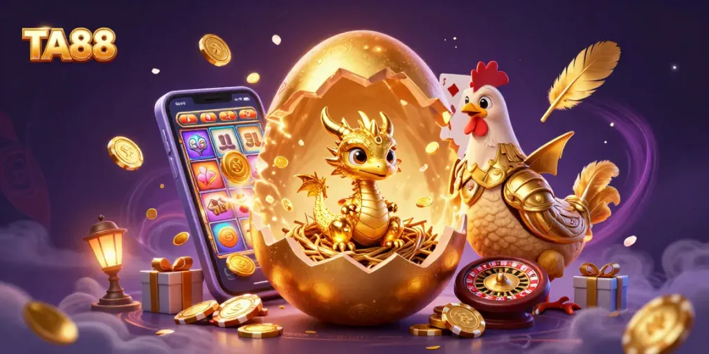 Engage with TA88 casino thrill featuring a golden dragon protecting poker chips, celebrating winning strategies.