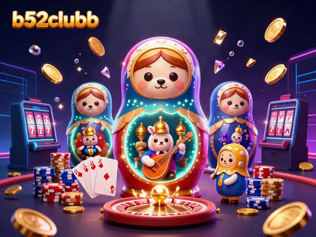Engage with b52clubb in this vibrant 3D illustration of bears and a rabbit serenading in a rich casino atmosphere.