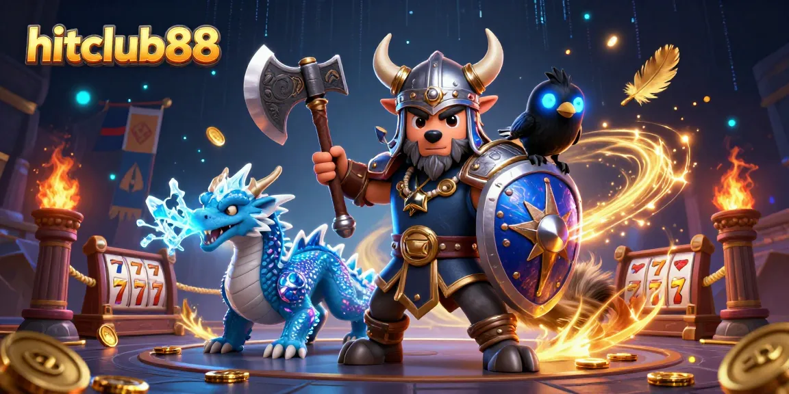 Hitclub88 showcases the Viking wolf warrior, dragon, and raven in a vibrant 3D casino scene with slot elements.