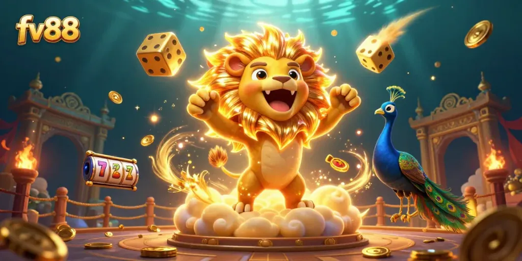 Experience thrilling gameplay at fv88 with golden dice and a roaring lion in a vibrant casino scene.