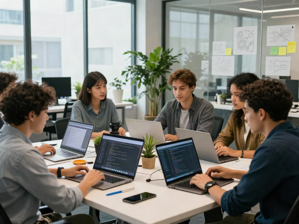 Collaborative tech workspace with young professionals discussing 18+ ai innovations.