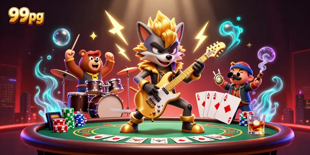 Engage with 99pg's vibrant casino atmosphere featuring a rock star wolf and dynamic gaming elements.
