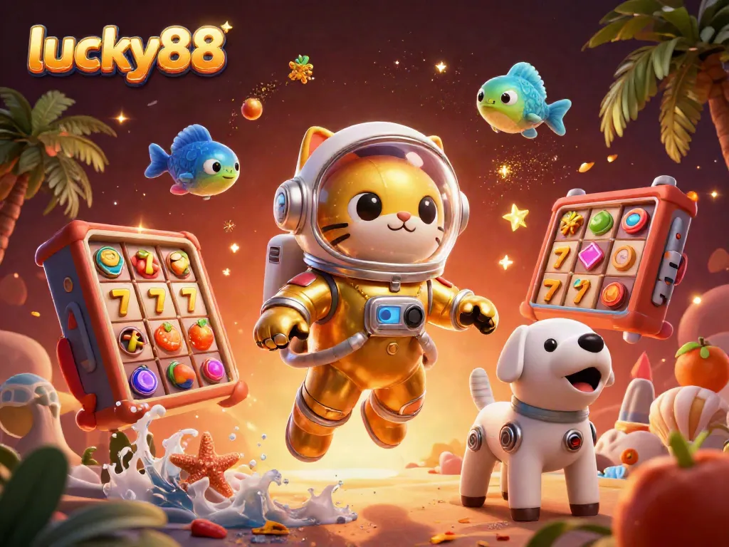 Experience thrilling gameplay with lucky88 as astronauts explore a cosmic casino filled with slots and jackpots.