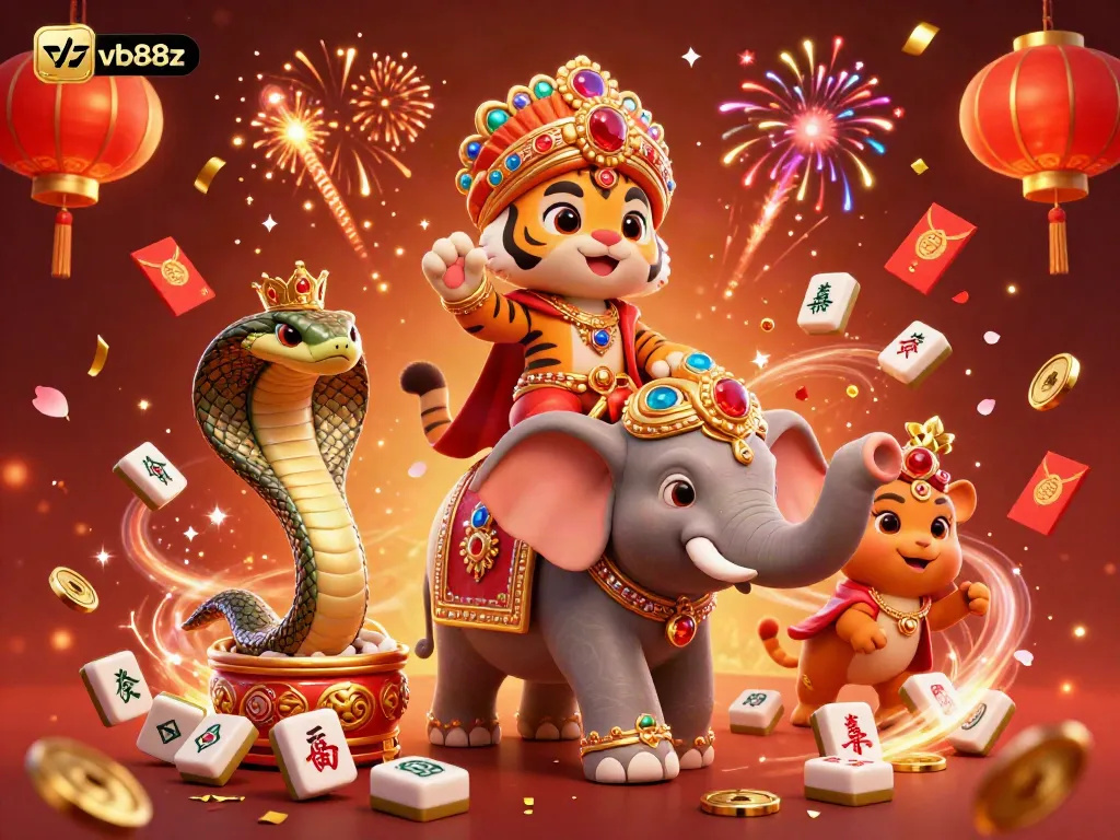 Experience excitement with vb88z featuring a maharaja tiger and jewel-encrusted elephant amidst casino-themed celebrations.