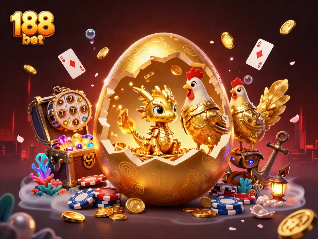 Bet on adventure with 188 bet as a golden dragon emerges from chips and treasures.