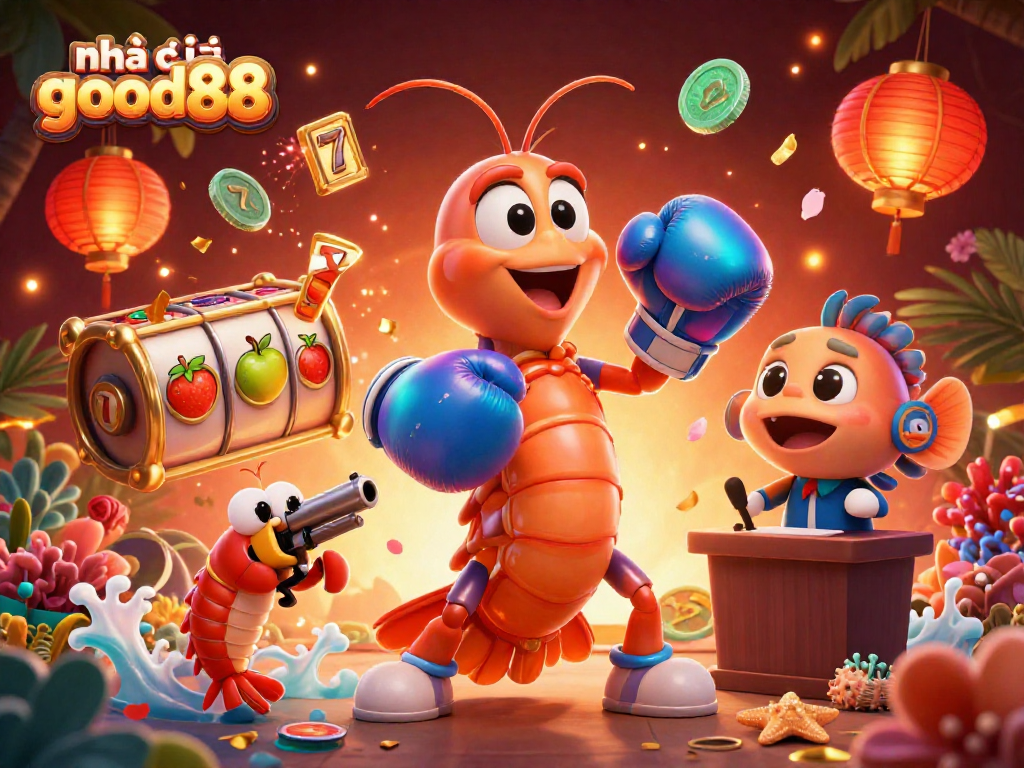 Experience thrills at Nhà cái good88 with vibrant scenes of 3D characters amidst floating slot reels and festive elements.