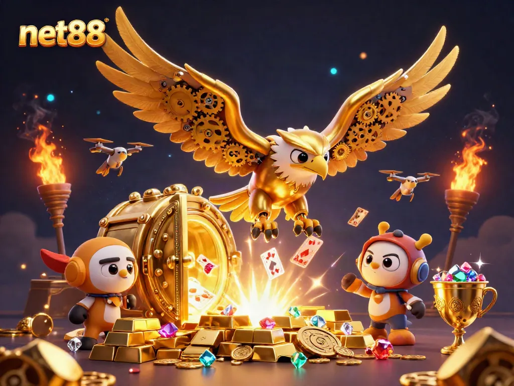Experience thrilling wins at net88 with a dynamic golden eagle soaring through cards in a vibrant casino illustration.
