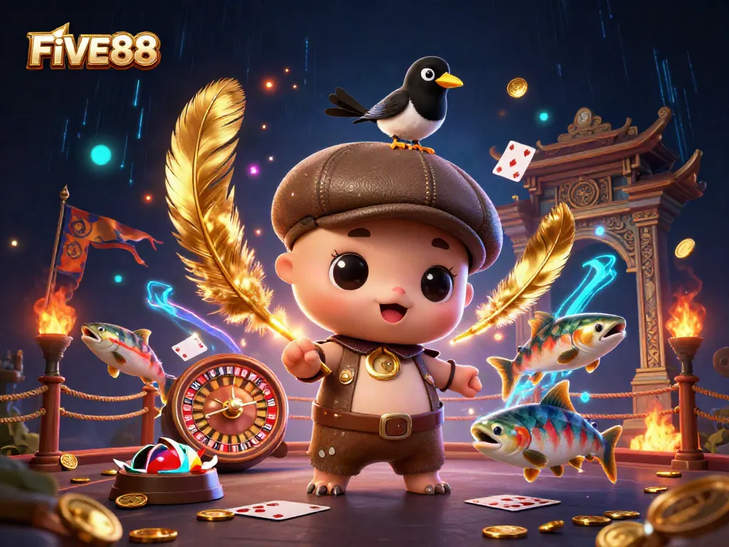 Engage in FIVE88 gaming excitement with charming characters amidst a vibrant casino backdrop.
