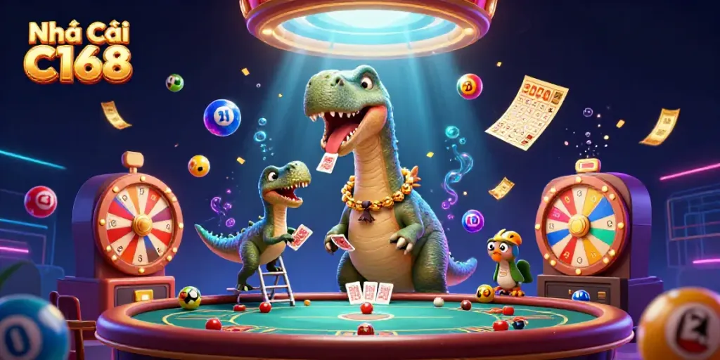Experience thrilling gaming at Nhà Cái C168 with a playful 3D dinosaur and dynamic lottery elements.