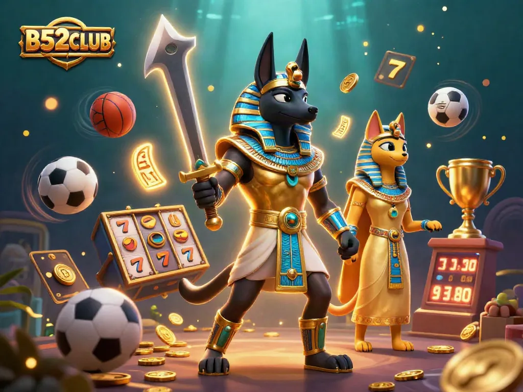 B52CLUB captivates players with vibrant slots, golden trophies, and 3D character action in a dynamic scene.