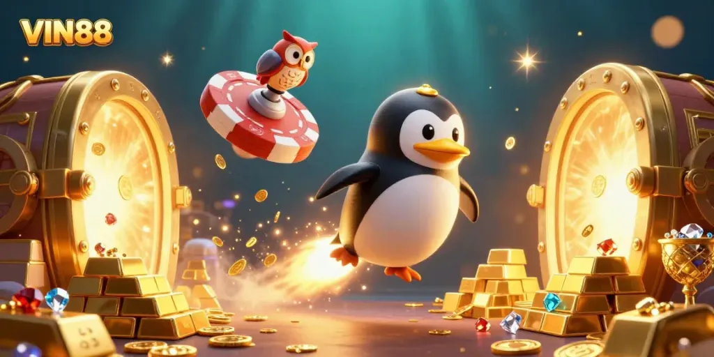 Experience the thrill of VIN88 with a 3D golden penguin soaring towards a vibrant casino!