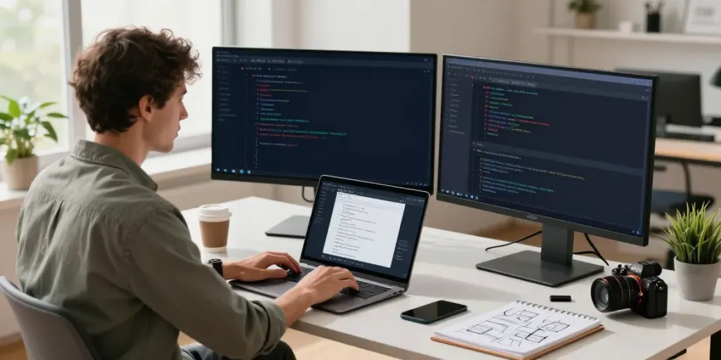 Web developer using instant indexing tools in a modern workspace with performance metrics on screens.