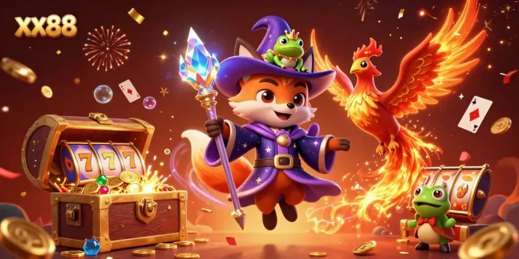 Experience excitement at xx88 with a mystical wizard fox and phoenix in a vibrant casino scene.