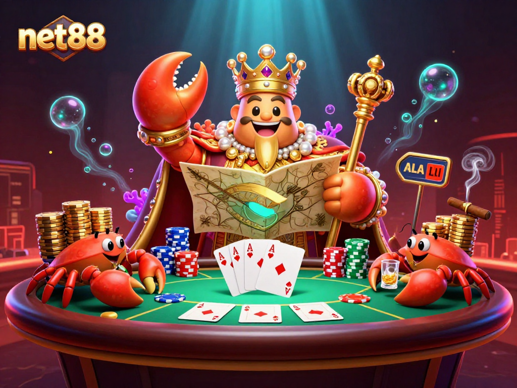 Experience thrilling action with net88 in a vibrant 3D casino scene featuring a golden crab emperor.