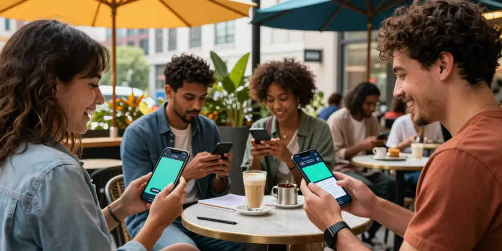 People enjoying the GO88 app at a trendy café, showcasing social interaction and urban lifestyle.