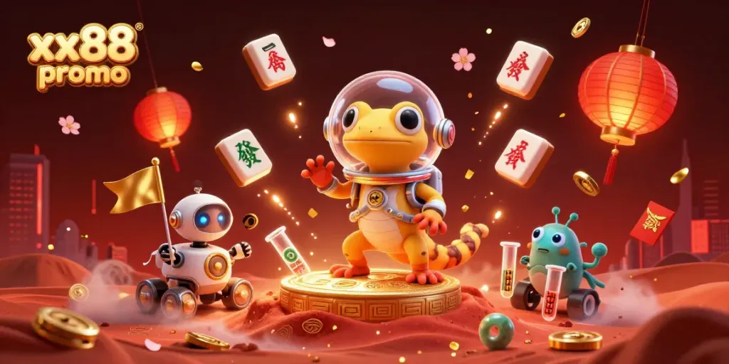 Engage with the thrilling world of xx88 promo, showcasing a Martian gecko uncovering a golden casino treasure.