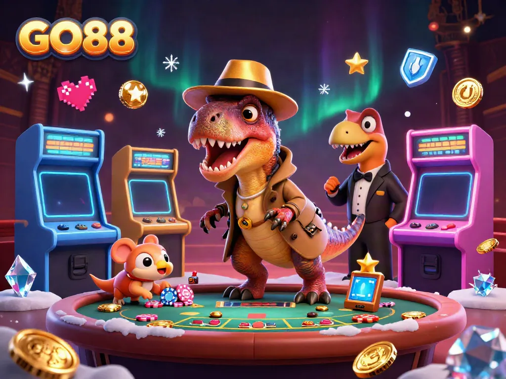 Experience thrilling GO88 gameplay with cartoon dinosaurs at a bustling casino.