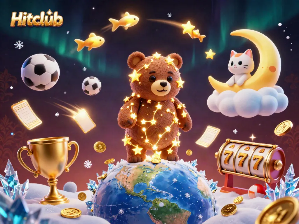 Hitclub engages players with dynamic 3D casino gaming elements including sports balls and coins for thrilling online experience.