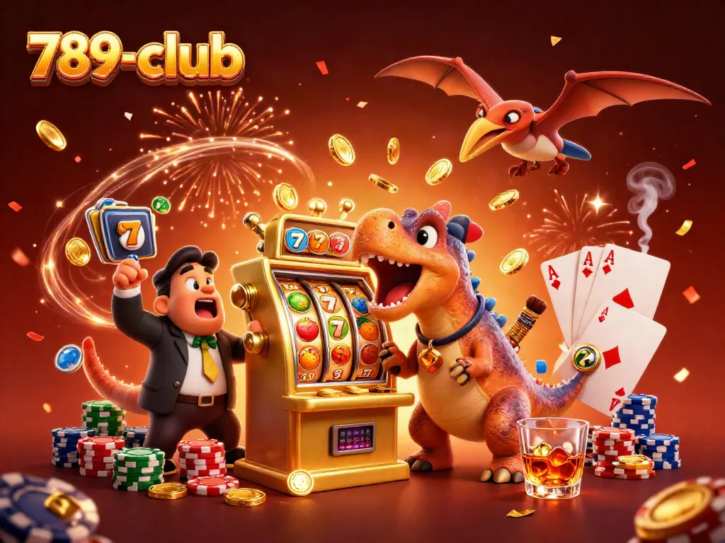 Experience the jackpot at 789-club with a cartoon pachycephalosaurus and golden slot machine