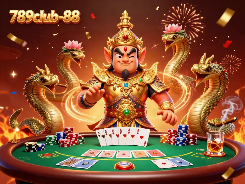 Play exciting poker with 789club-88 in a vibrant casino scene featuring themed characters.