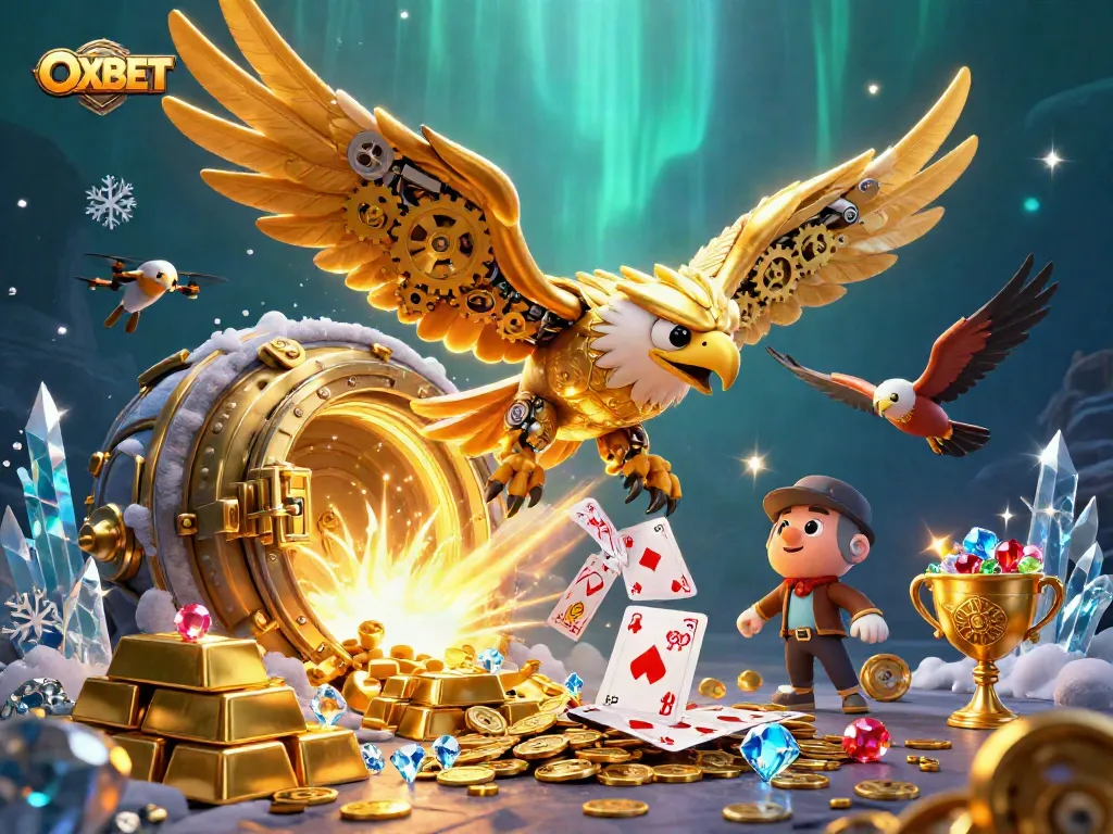 Engage in thrilling jackpots with OXBET's rich, colorful 3D casino scene filled with treasure and holographic cards.