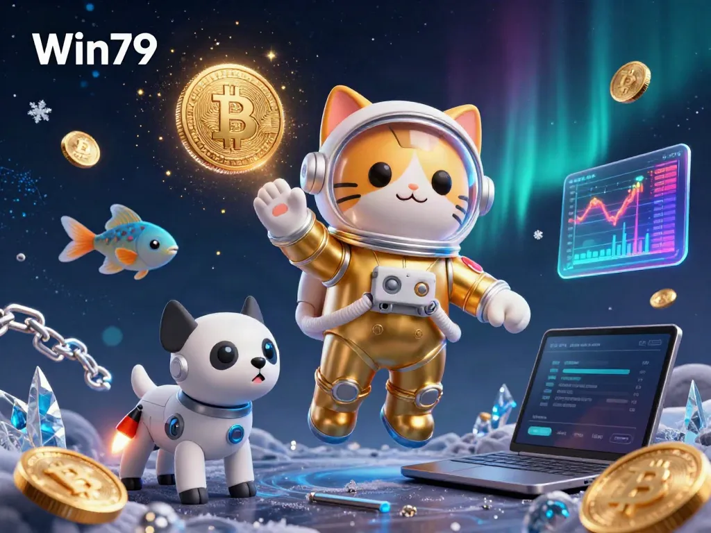 Win79 features a floating astronaut cat and robot dog in a vibrant casino-themed scene filled with cryptocurrency elements.