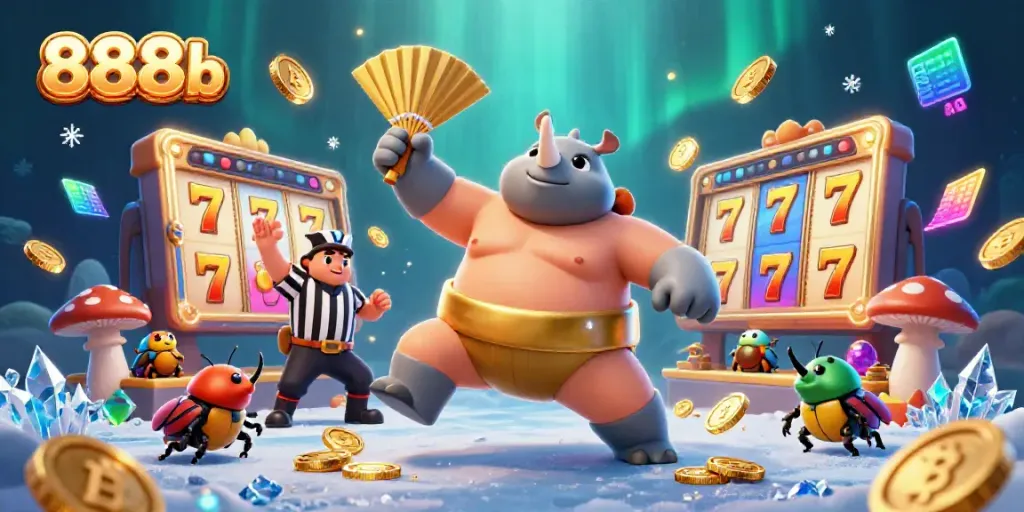 Witness the excitement of 888b with a beetle sumo champion amidst glimmering slot reels and crypto coins.
