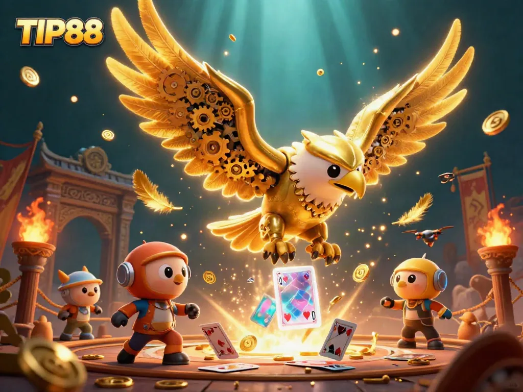 Experience the vibrant games and rewards of TIP88 in an engaging 3D casino scene featuring dynamic characters and elements.