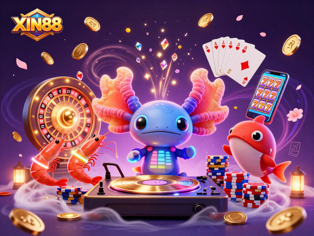 XIN88 vibrant 3D casino scene with an axolotl DJ, golden coins, and colorful poker chips