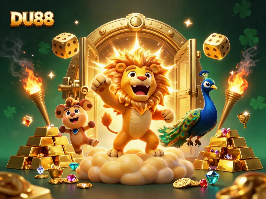 Experience exhilarating wins at DU88 with vibrant casino imagery, featuring golden treasures and lively characters.