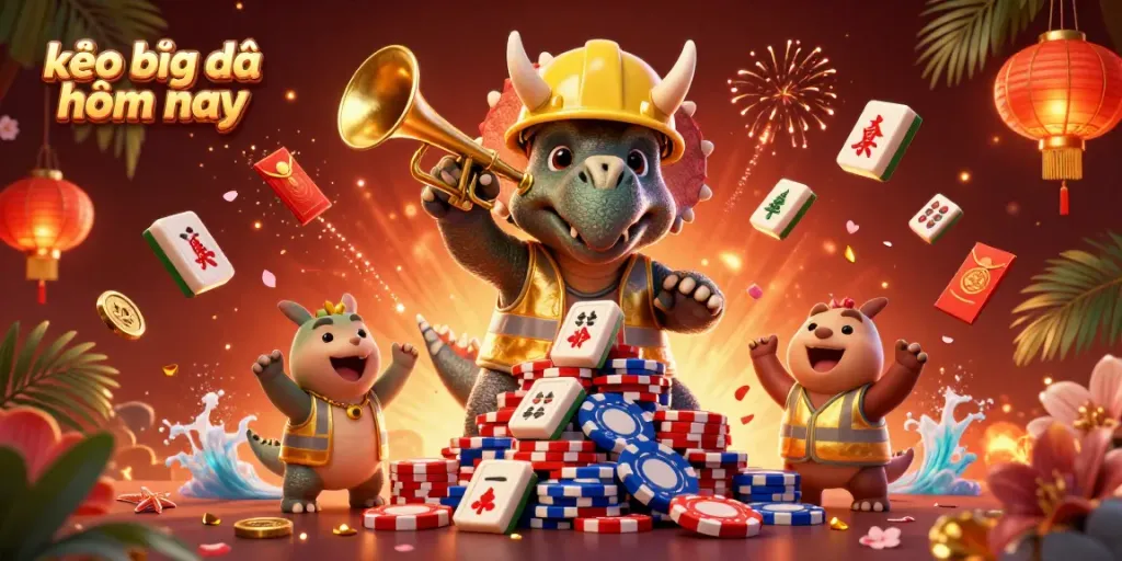 Celebrate with kèo bóng đá hôm nay as playful dinosaurs build poker chips amidst festive gambling symbols.