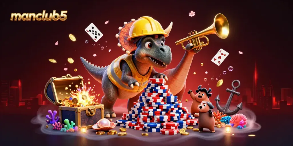 Join the excitement of manclub5, featuring a fun casino-themed scene with dinosaurs and casino elements.
