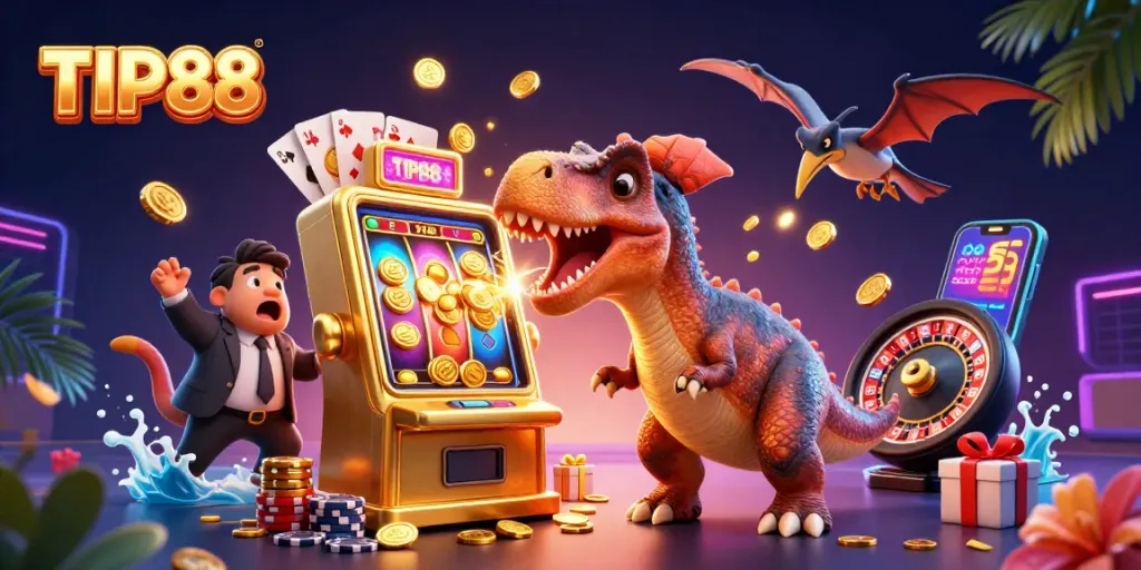 Experience the excitement of TIP88's thrilling jackpots as cartoon dinosaurs animate the casino!