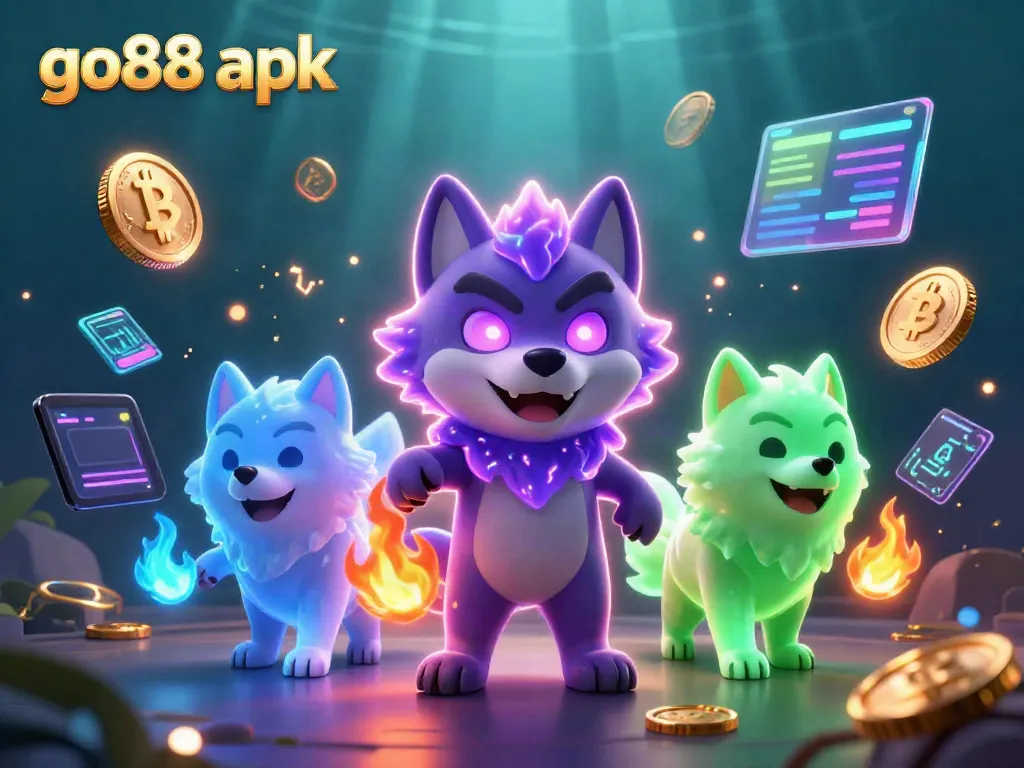 Experience thrilling gaming with go88 apk featuring glowing wolves and crypto elements in an exciting casino scene.