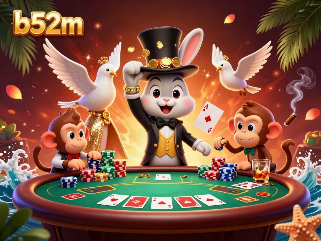 Experience the magic of b52m with a whimsical casino scene featuring lively characters and rich gaming elements.
