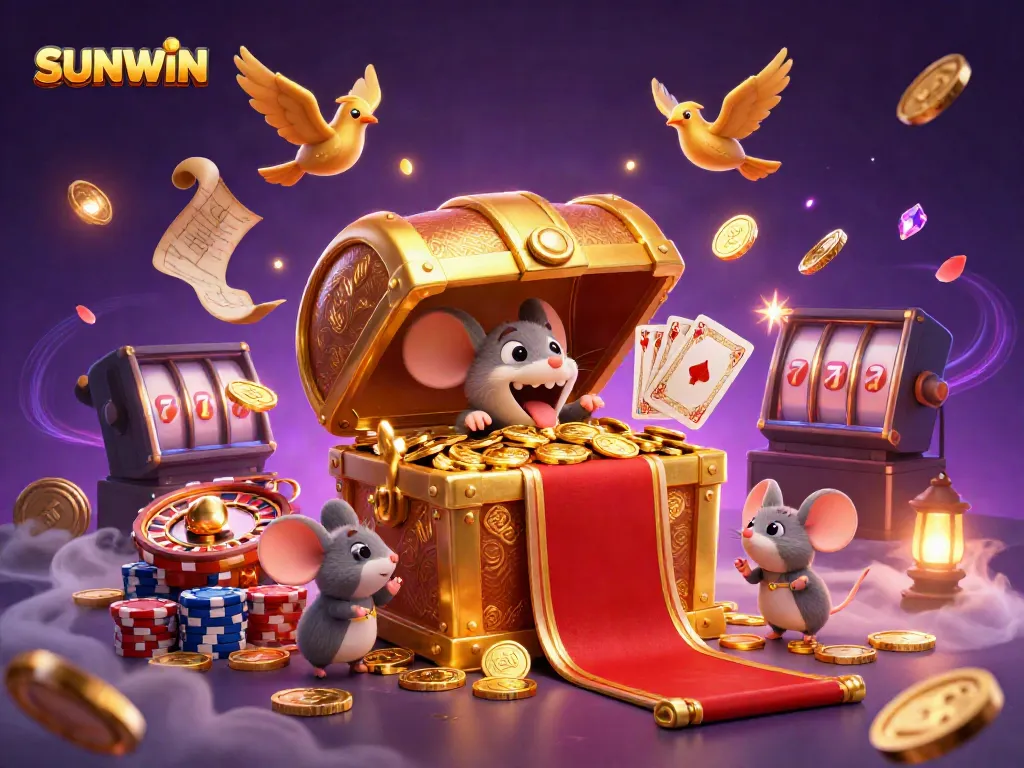 Engage with SUNWIN's captivating casino games featuring treasure chests, gold coins, and exciting game elements.