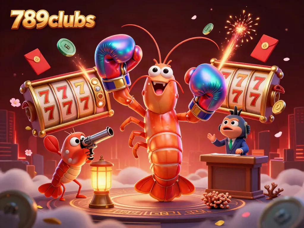 Experience the vibrant 789clubs gaming scene with 3D characters surrounded by slot machines and lucky symbols.