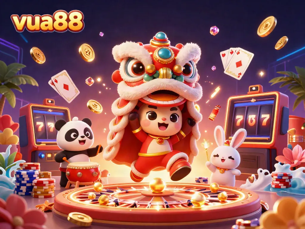 Experience the vibrant excitement of vua88 casino with a dynamic festive scene of a lion dance and casino elements.