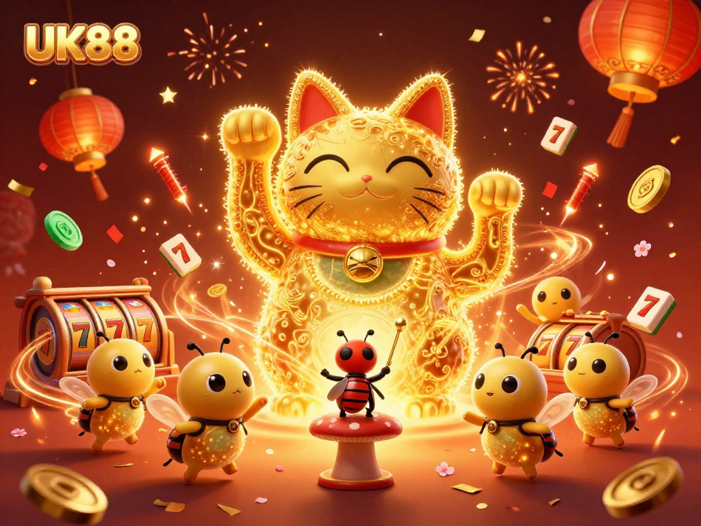 Experience thrilling moments at UK88 with a vibrant giant lucky cat surrounded by dazzling casino elements.
