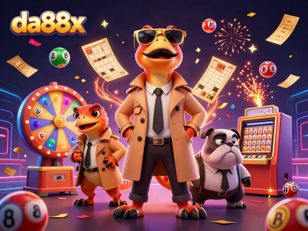 Experience the excitement of da88x with cartoon raptors entering a VIP casino lounge amidst lottery elements.