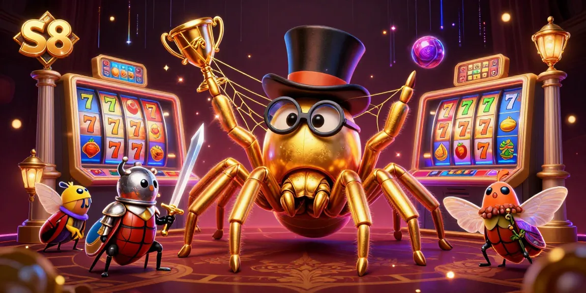 S8 showcases dynamic slots and a vibrant scene with a golden tarantula and beetle knight, engaging players.