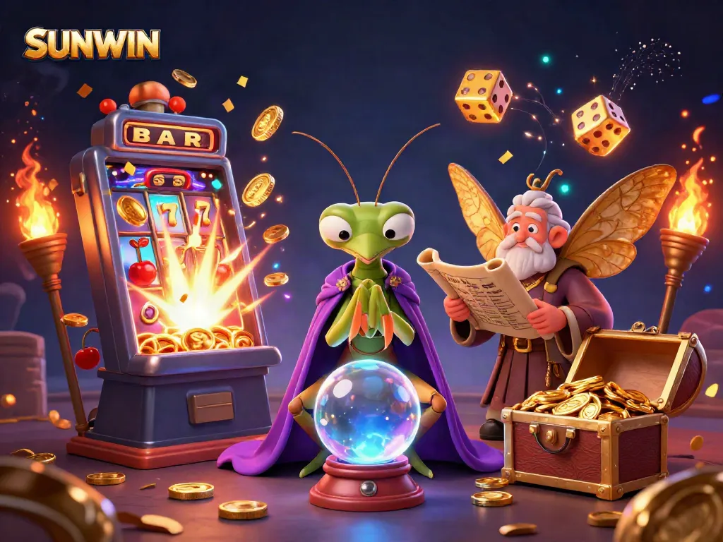 SUNWIN reveals the magic of slots with a fortune teller, librarian, and vibrant casino elements.