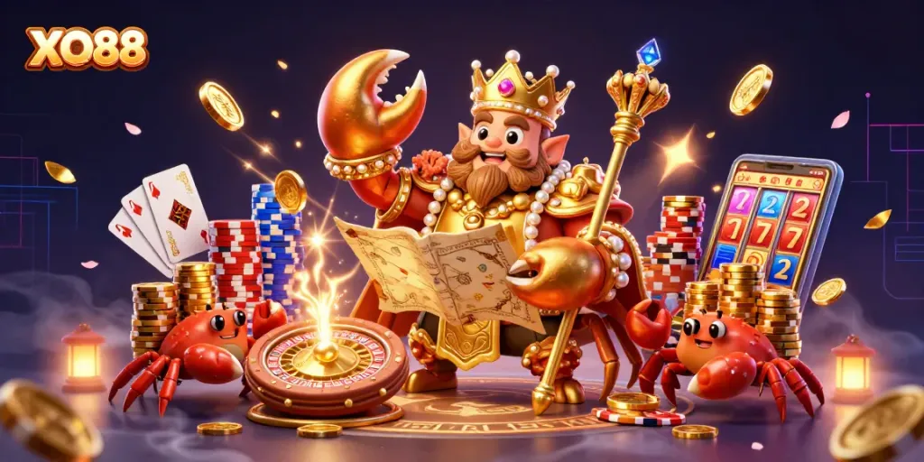 Experience the thrill of XO88 with a vibrant 3D casino illustration featuring characters and magical gaming elements.
