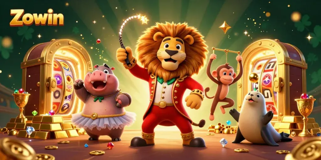 Zowin showcases 3D circus characters in a vibrant casino scene, capturing thrilling gaming excitement.