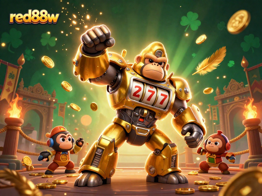 Experience the thrill of red88w with an exciting casino-themed 3D illustration featuring a golden mech and dynamic elements.