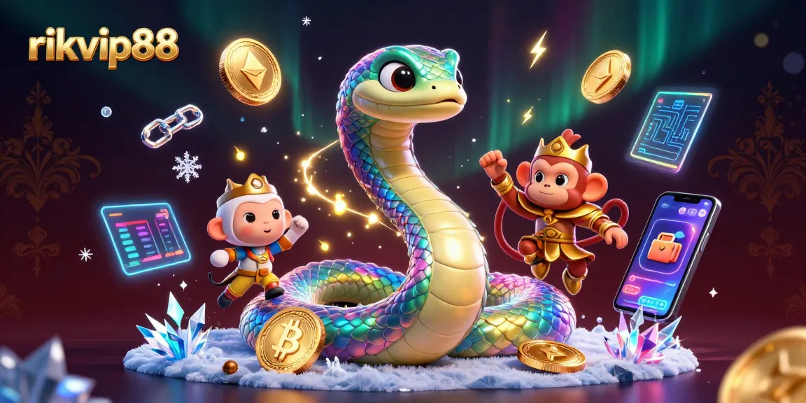 Experience excitement at rikvip88 with vibrant casino scenes featuring a rainbow serpent and crypto treasures.